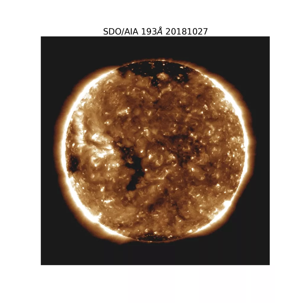 NASA's Parker Solar Probe observed a slow solar wind flowing out from the small coronal hole – the long, thin black spot seen on the left side of the Sun in this image captured by NASA's Solar Dynamics Observatory – on October 27, 2018