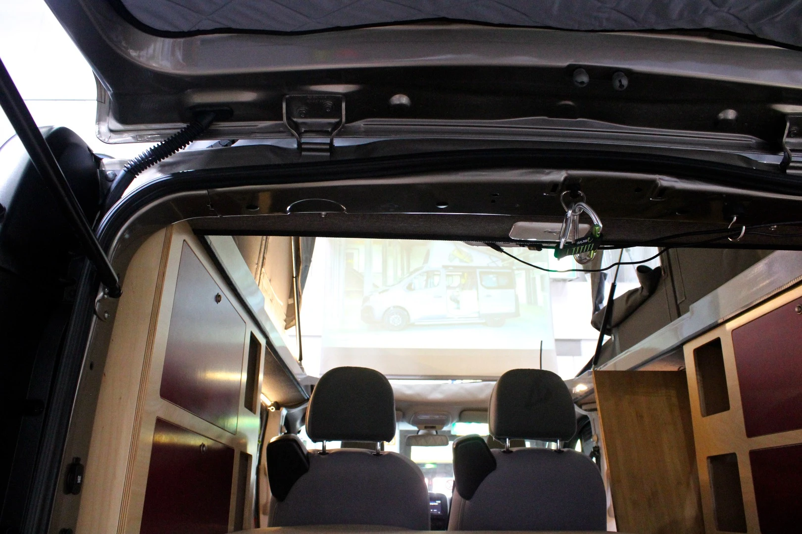 A look at the projector screen up in the pop-up roof