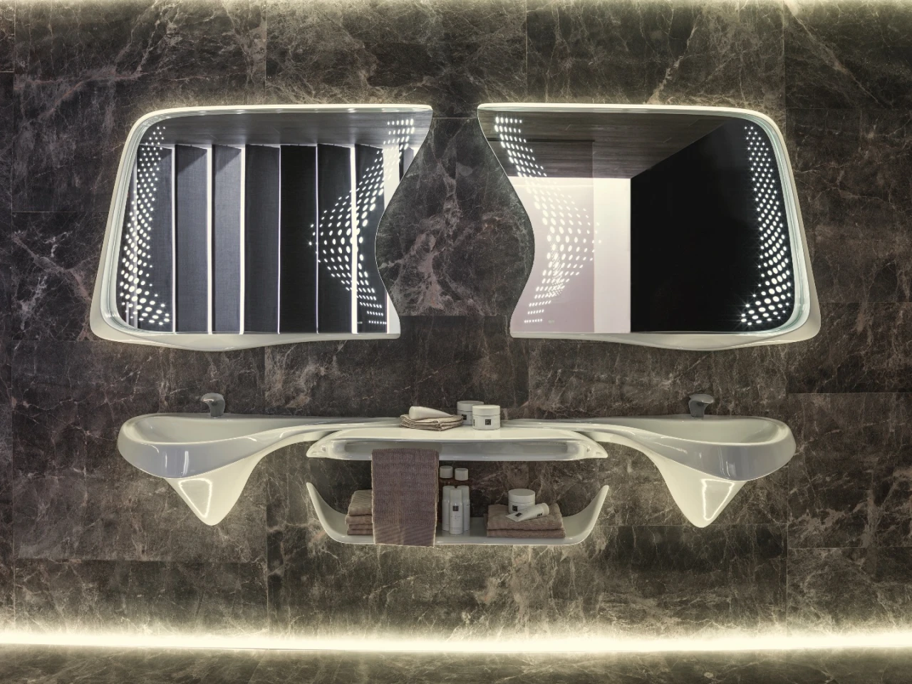 The mirror set is the most intricate piece, and includes LED lights, right and left basins, double vanity units, top shelf and towel rails
