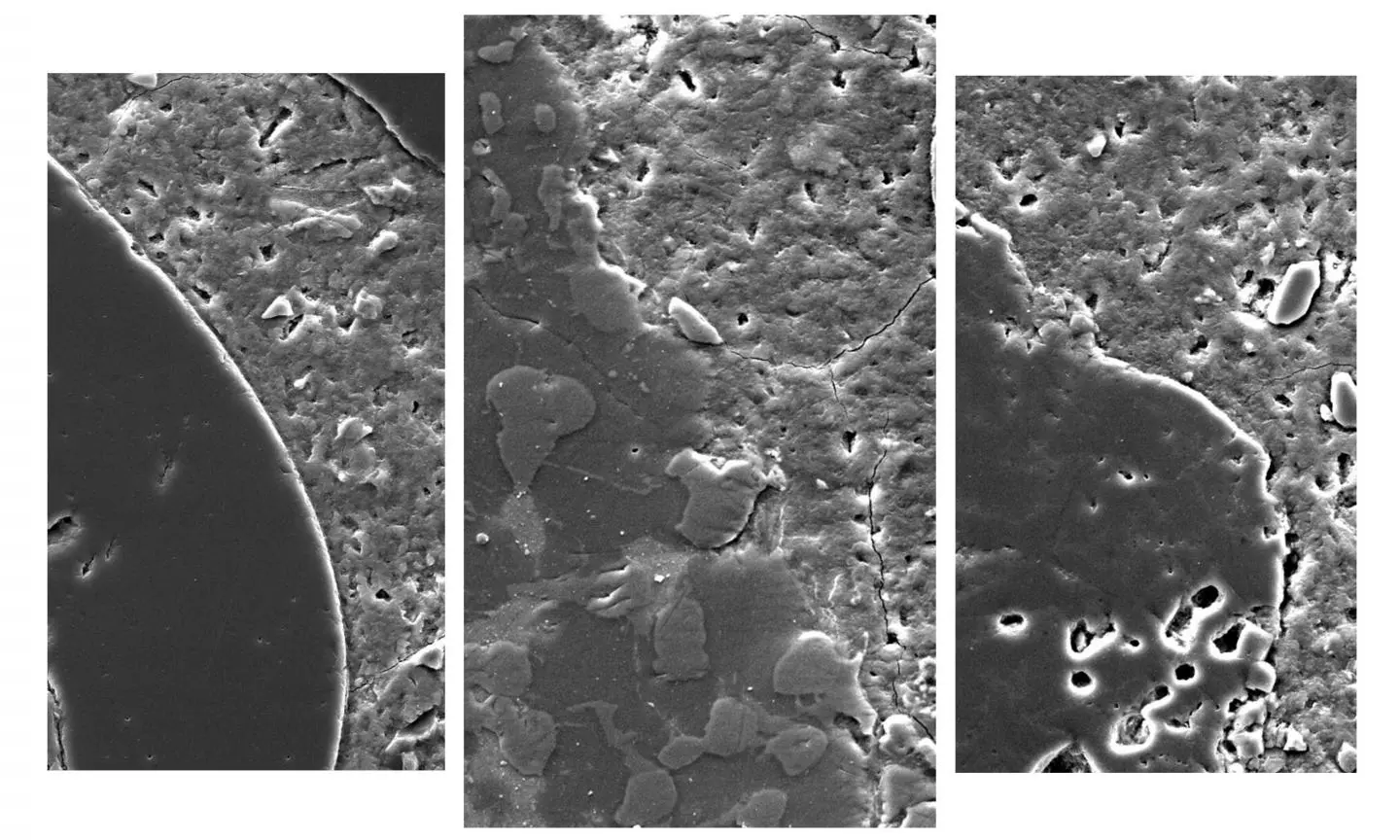 Microscope images showing concrete made with treated slag (center), conventional aggregates (left) and raw slag (right) – the treated slag forms a more seamless bond with the surrounding cement