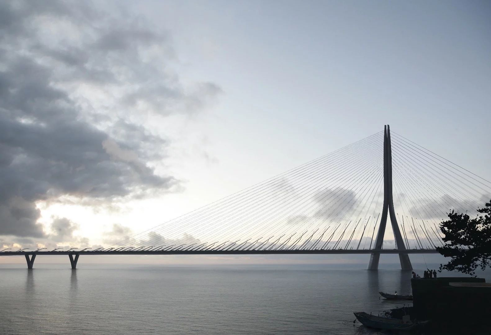 ZHA reports that the slim form of the bridge's supporting structure is designed to minimize interference with popular viewing points along the river