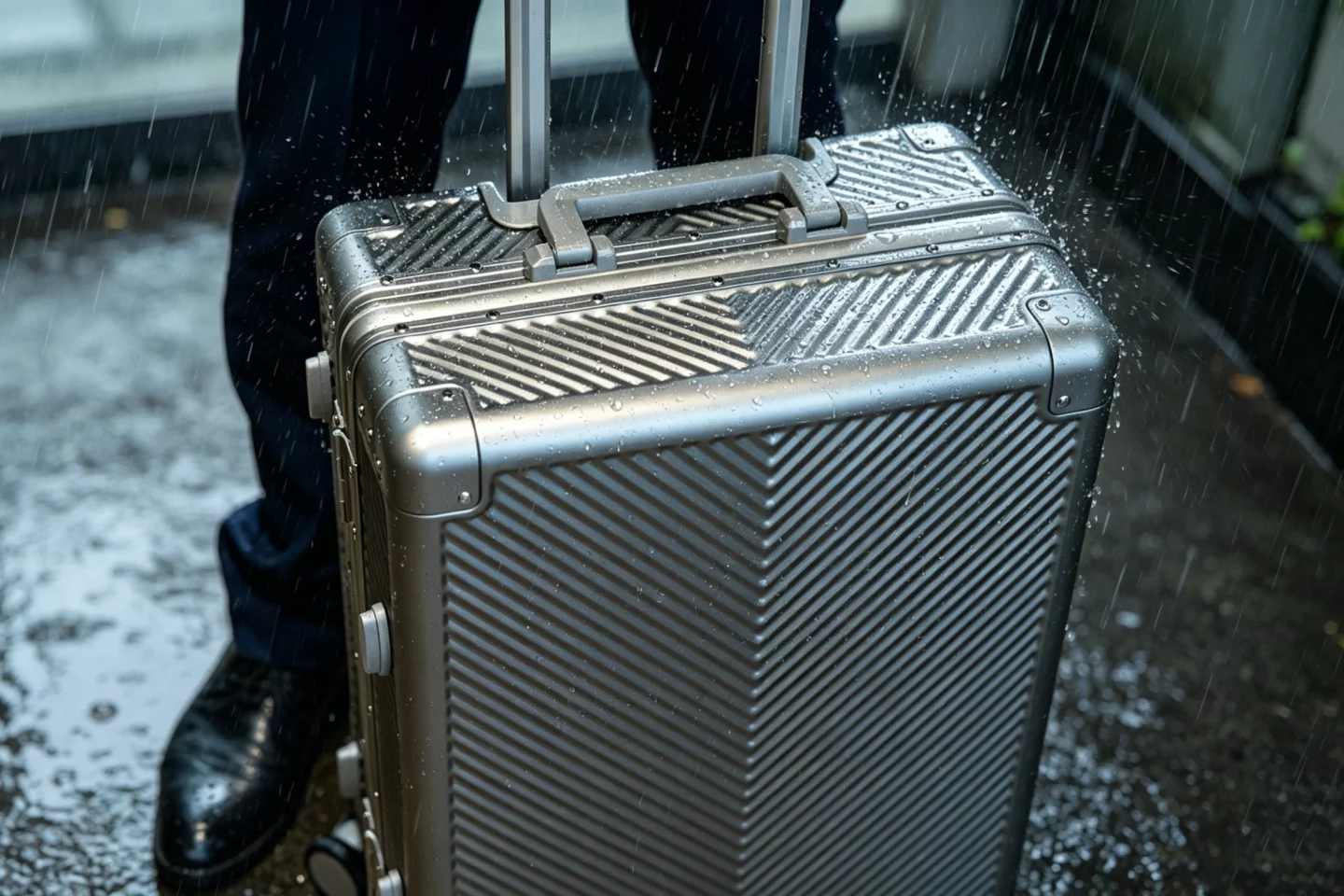 The suitcase features both a splashproof seal and a hydrophobic coating