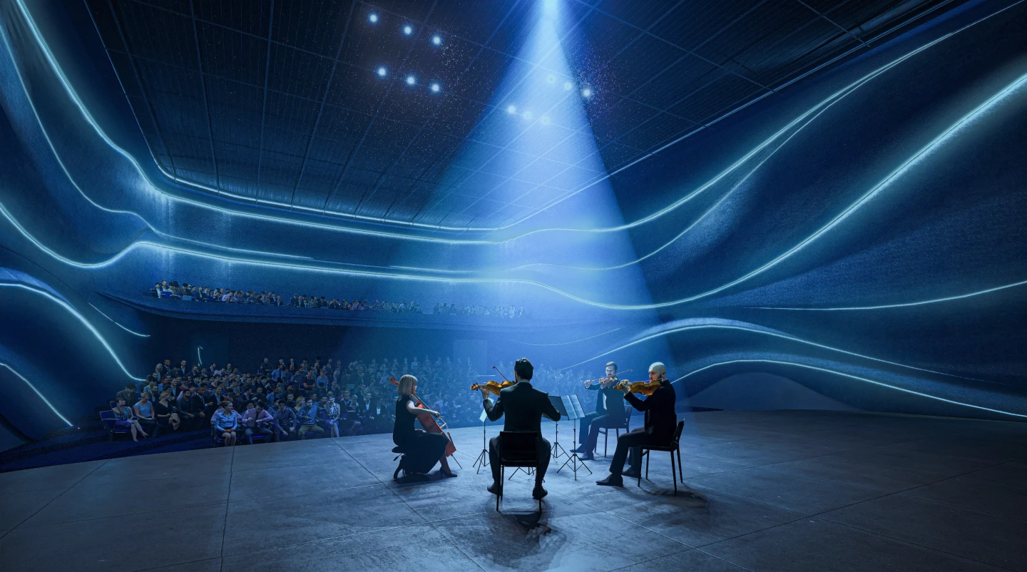 The Jinghe New City Culture & Art Centre will include a performing arts theater that hosts up to 450 people