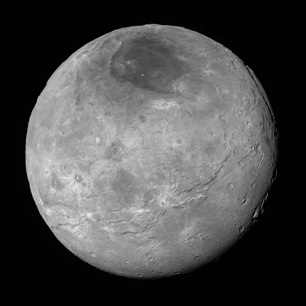Pluto's largest moon, Charon, as seen in black and white
