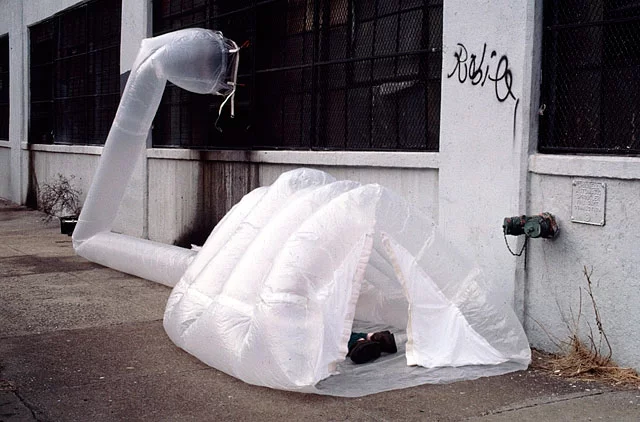 paraSITE by Michael Rakowitz is a perfect example of parasitic design, leeching off external ventilation systems to create warm inflatable structures for the homeless