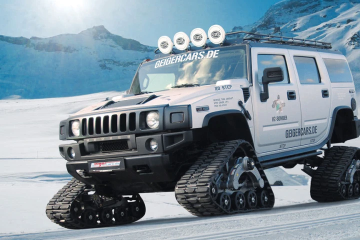 Geiger Cars' custom Hummer H2 Bomber sports Mattracks rubber tracks for unrivaled traction on any type of terrain