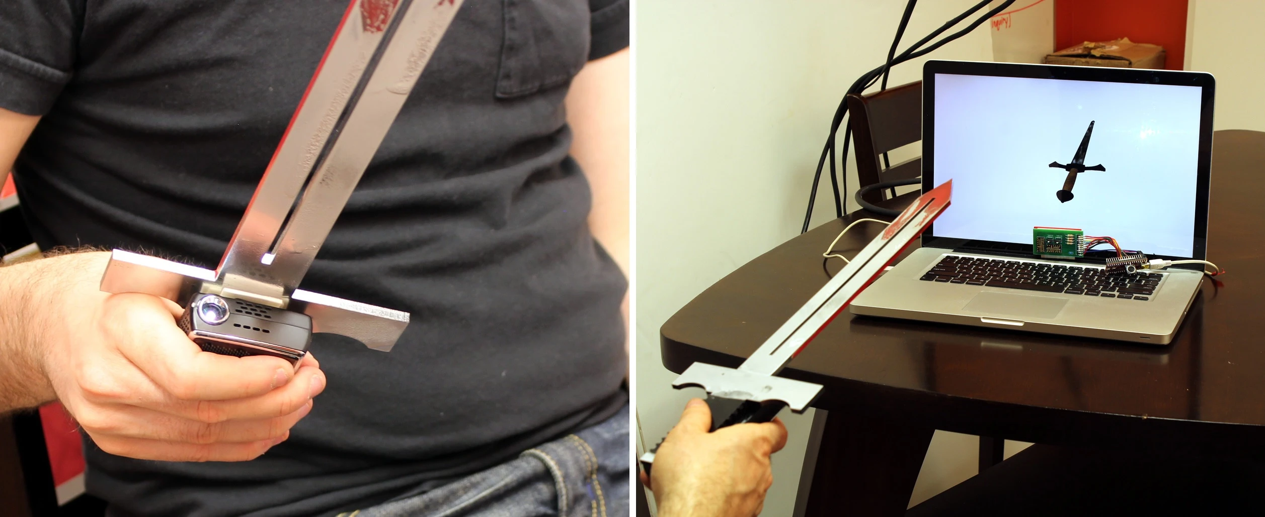 A projector-equipped sword is used to point a virtual sword on the screen