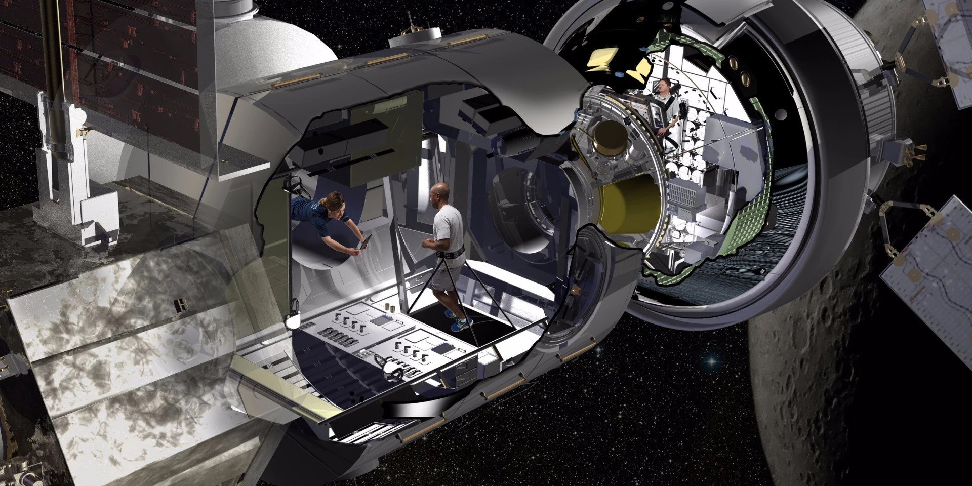 Artist's concept of the NextSTEP habitat docked with Orion in cislunar orbit