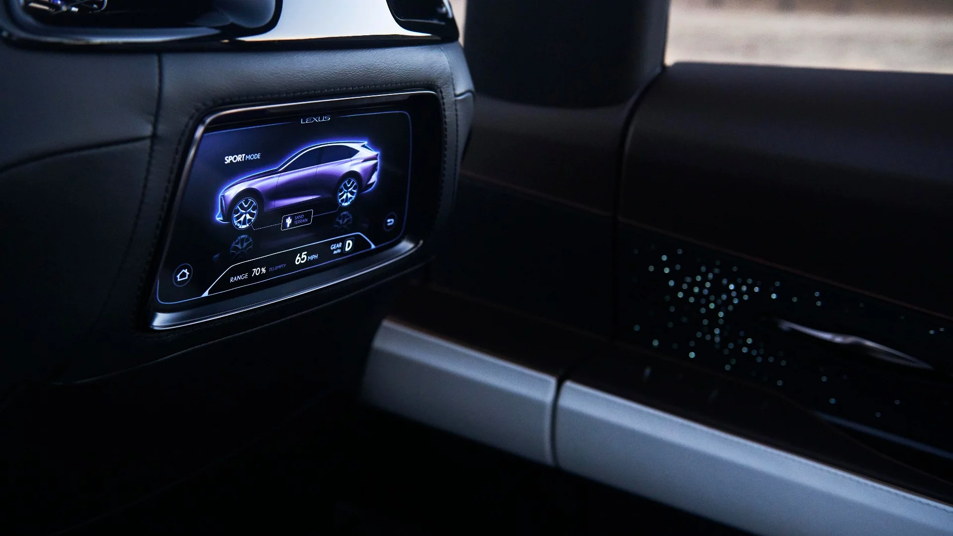 Rear seat entertainment is bedazzled by some star-like lighting around the rear door handle