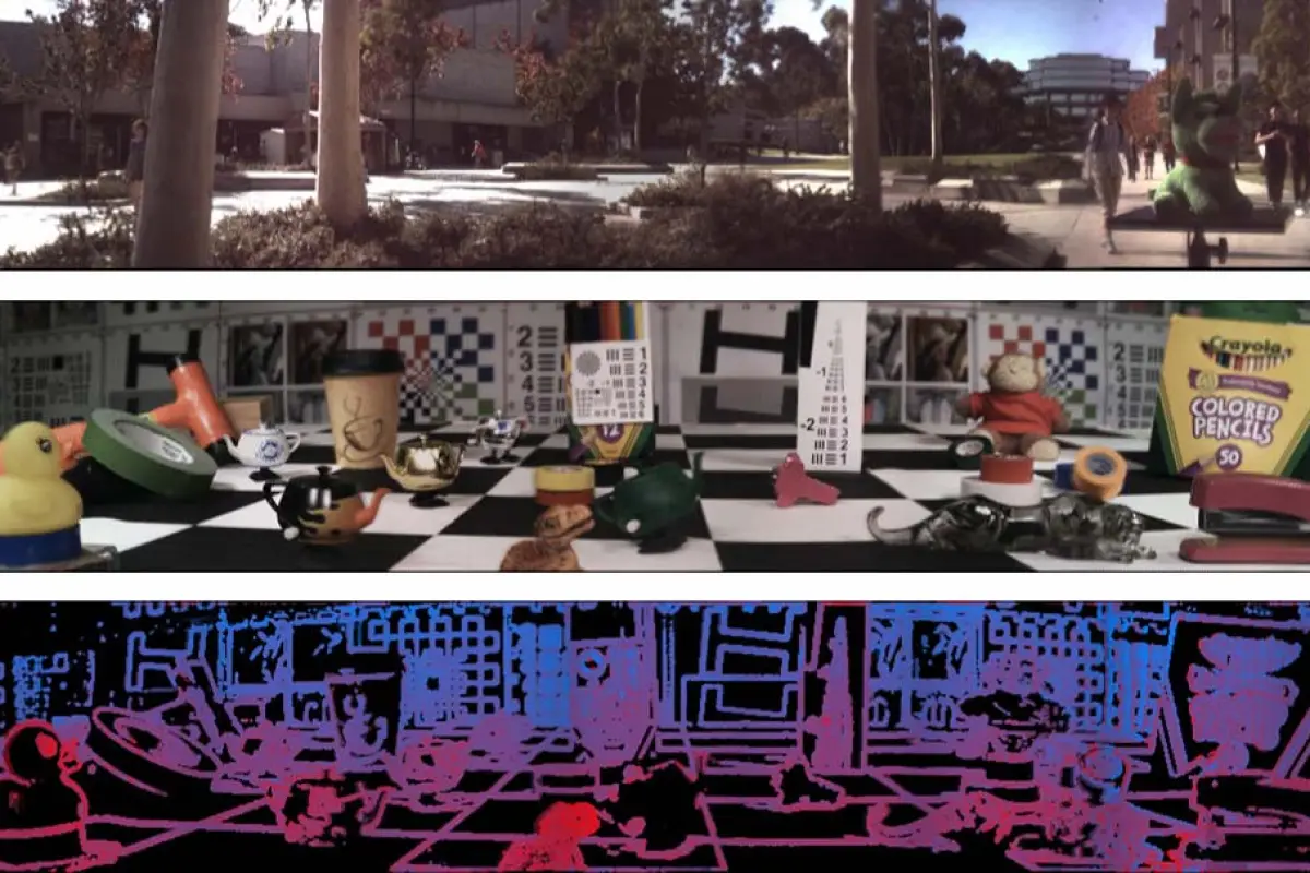 Two 138-degree light field panoramas (top and center) and a depth estimate of the second panorama (bottom)