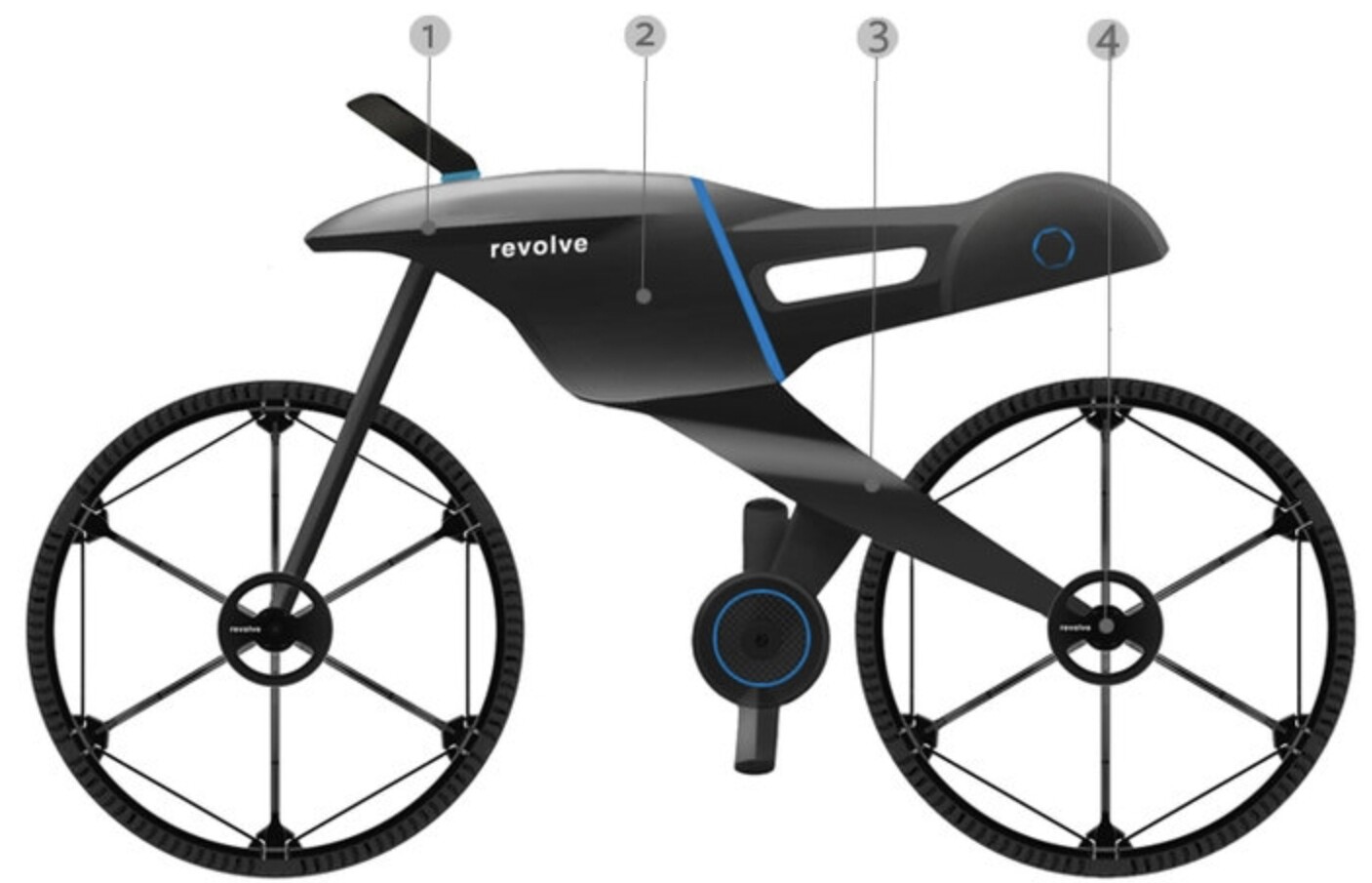 Andrea Mocellin expects his conceptual Revolve folding bike, with 26-inch wheels, will fold to much smaller than any existing folding bike with 16-inch wheels. The key aspects of the bike are: 1 - a large inbuilt storage space, 2 - the multitasking design 3 - the inbuilt rotational elements and 4 - the universal hub