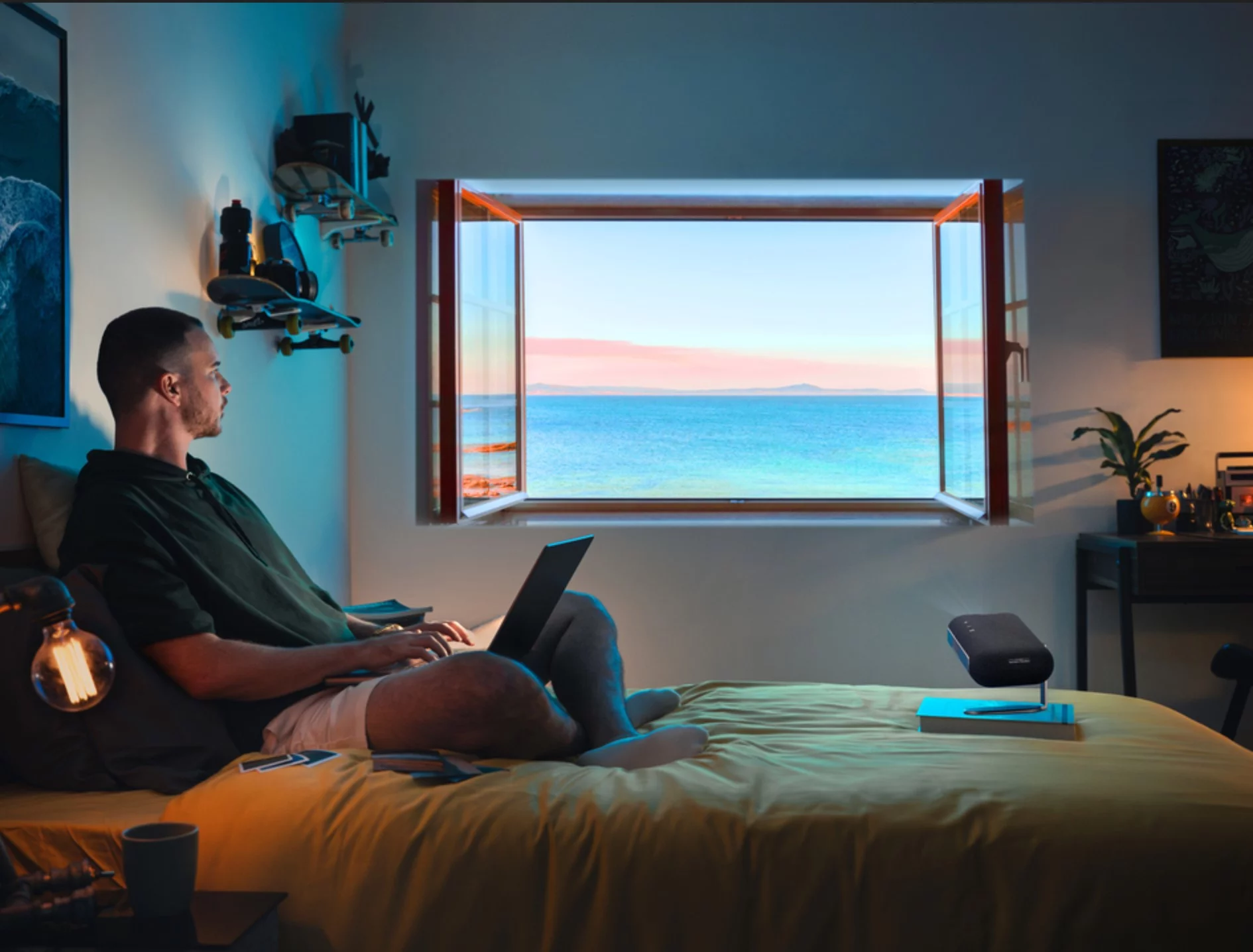 The M1 Max projector's light source is rated for 500 LED lumens, so you'll need low ambient light if you want to create a virtual window with tropical views