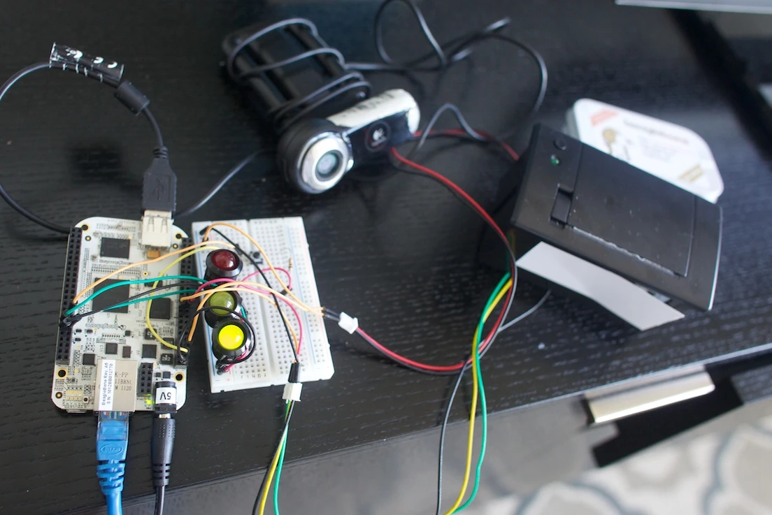 The prototype is comprised of a USB webcam and thermal printer attached to a BeagleBone Linux board, which controls the camera's functions