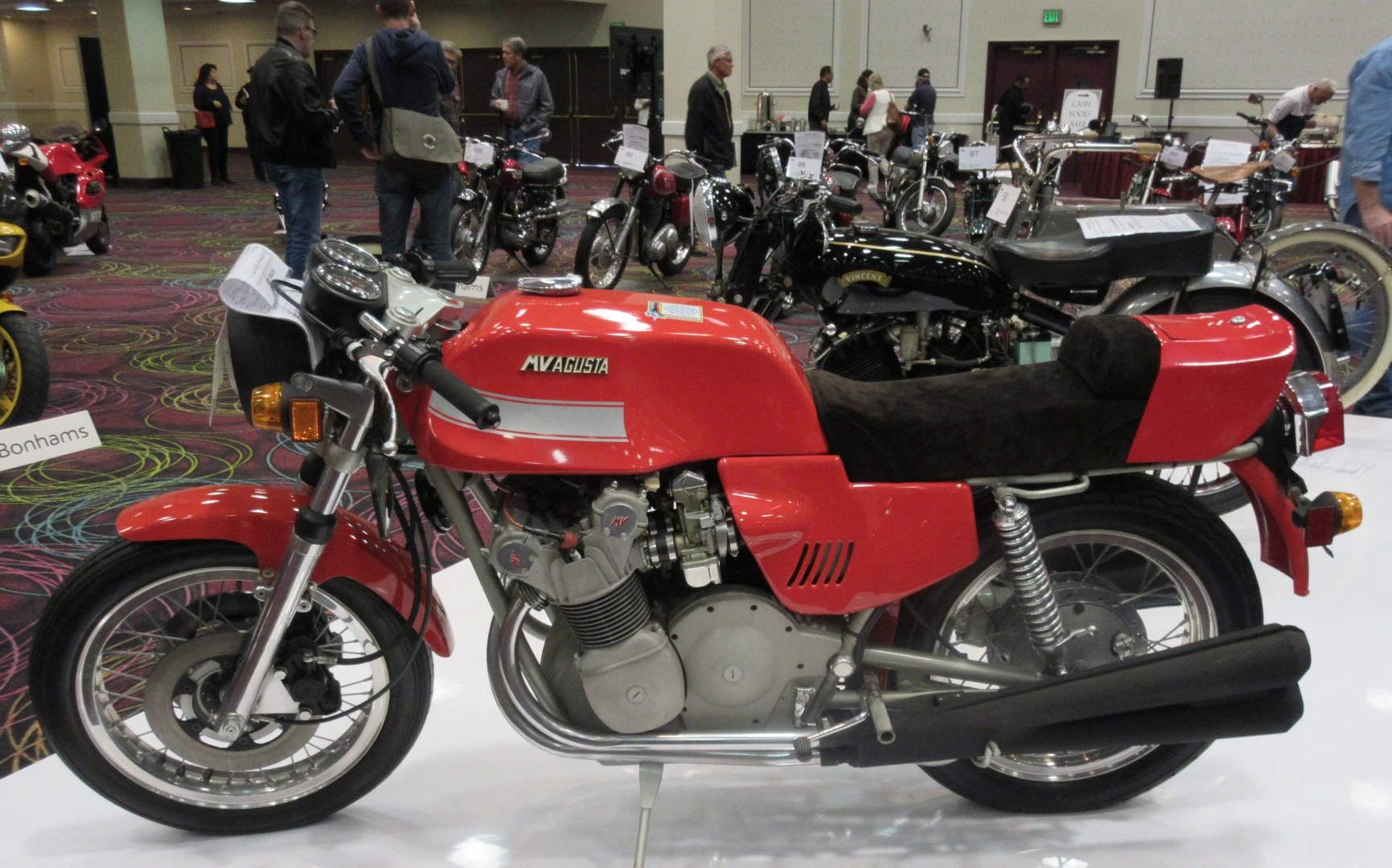 $120,500 – 1977 MV Agusta 750S America - Bonhams Lot 101 is a 1977 MV Agusta 750S America with just 41 miles on the odometer. The original owner purchased this bike in the summer of 1978, rode it for 41 miles and then hid it away in museum-quality storage for 45 years. Only 540 Americas were ever made. The record price for an MV Agusta 750 S is £85,500 ($143,661) achieved by Bonhams in April, 2014 and making this the second most valuable example of the marque to sell at auction.