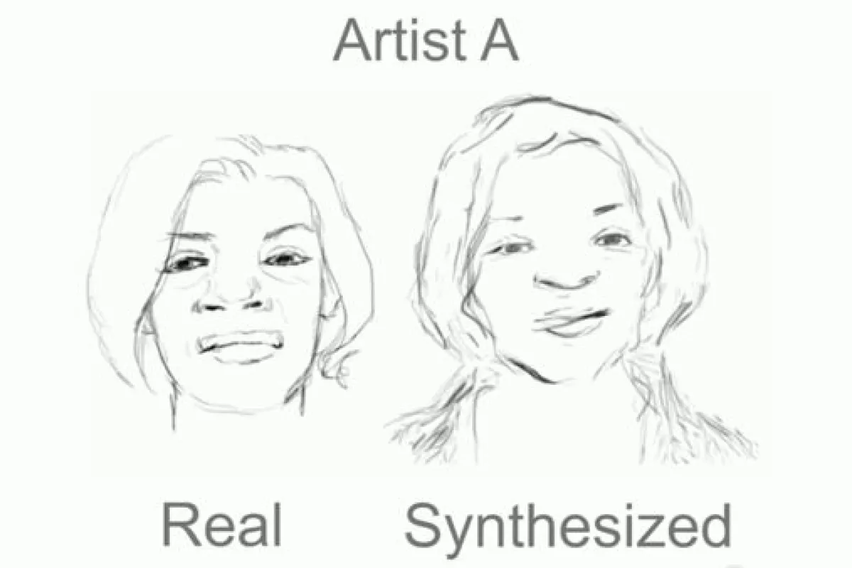 A human artist's sketch (left), and the computer's attempt at a drawing of the same face done in that artist's style