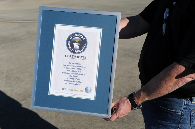 The Guinness World Record certificate for the world's fastest accelerating production car