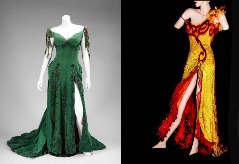 two Travilla dresses from this film, 'The River of No Return'; a gold charmeuse saloon-girl gown ($627,300 at a Profiles in History auction in June, 2011) and a green velvet showgirl gown ($526,600 at a Juliens auction in October, 2011) which she wore to sing 'I'm Gonna File My Claim'.
