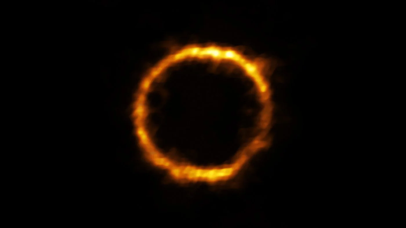 The galaxy SPT0418-47 originally appeared as a ring of light, caused by the gravitational influence of a closer galaxy
