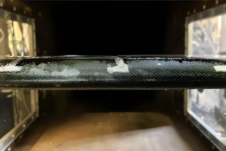 Ice crystals form on a wing being tested inside an icing wind tunnel