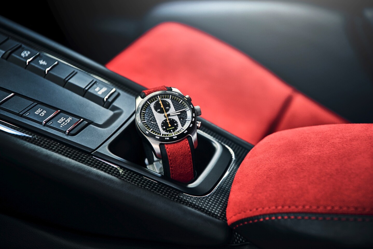 The Porsche Design chronograph looks right at home inside the 911 GT2 RS
