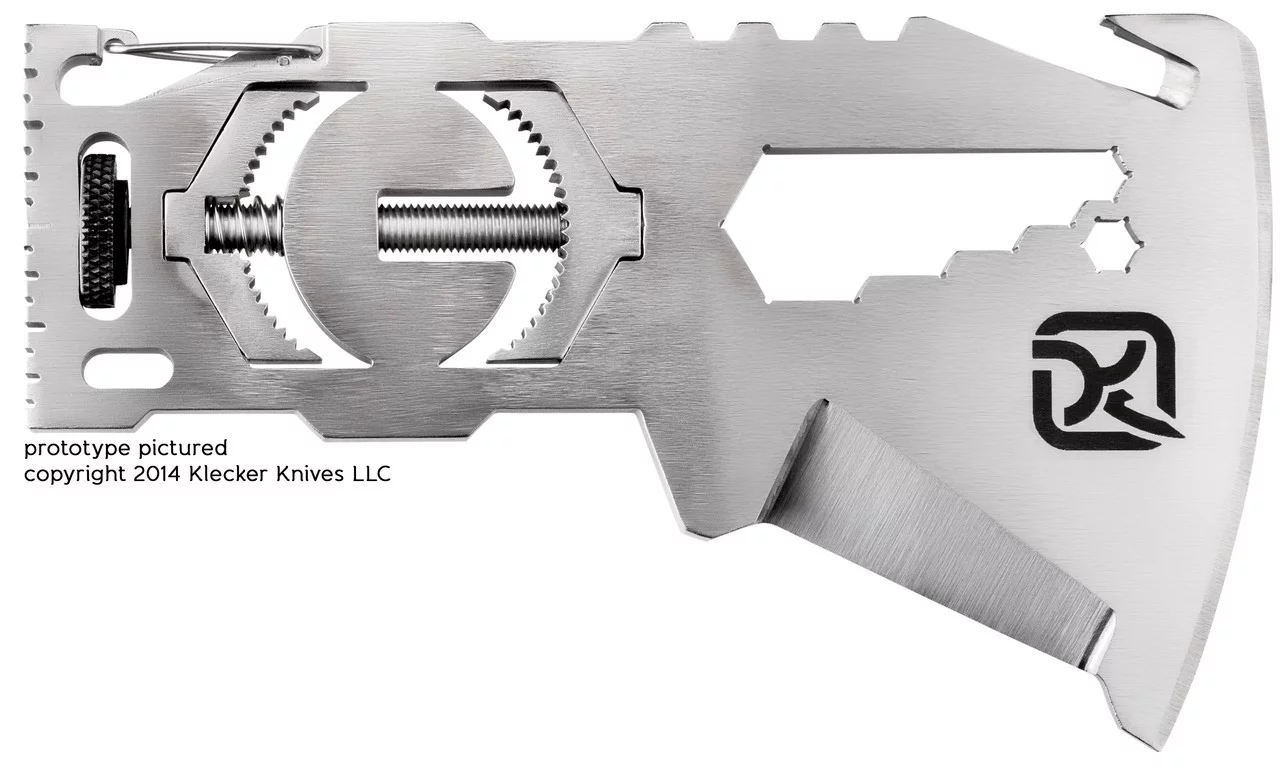 In addition to the axe blade, cut into the surface of the head is a bottle opener, scraper, five wrench sizes, a hex bit driver, a lanyard hole and a carabiner