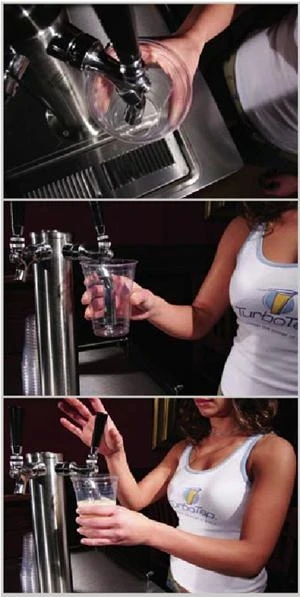 The TurboTap combats gravity as the nozzle tapers in diameter ensuring the beer remains in contact with the nozzle walls throughout its entire journey from tap to container, helping to combat the effects of gravity with viscous forces. The turbo tap also