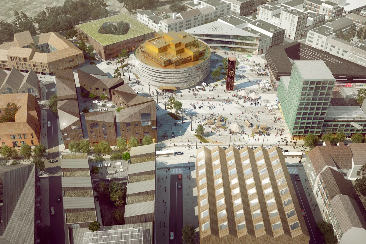 The new town center of Kiruna with the circular town hall by Henning Larsen which is due for completion in 2016 (Image: White Arkitekter)