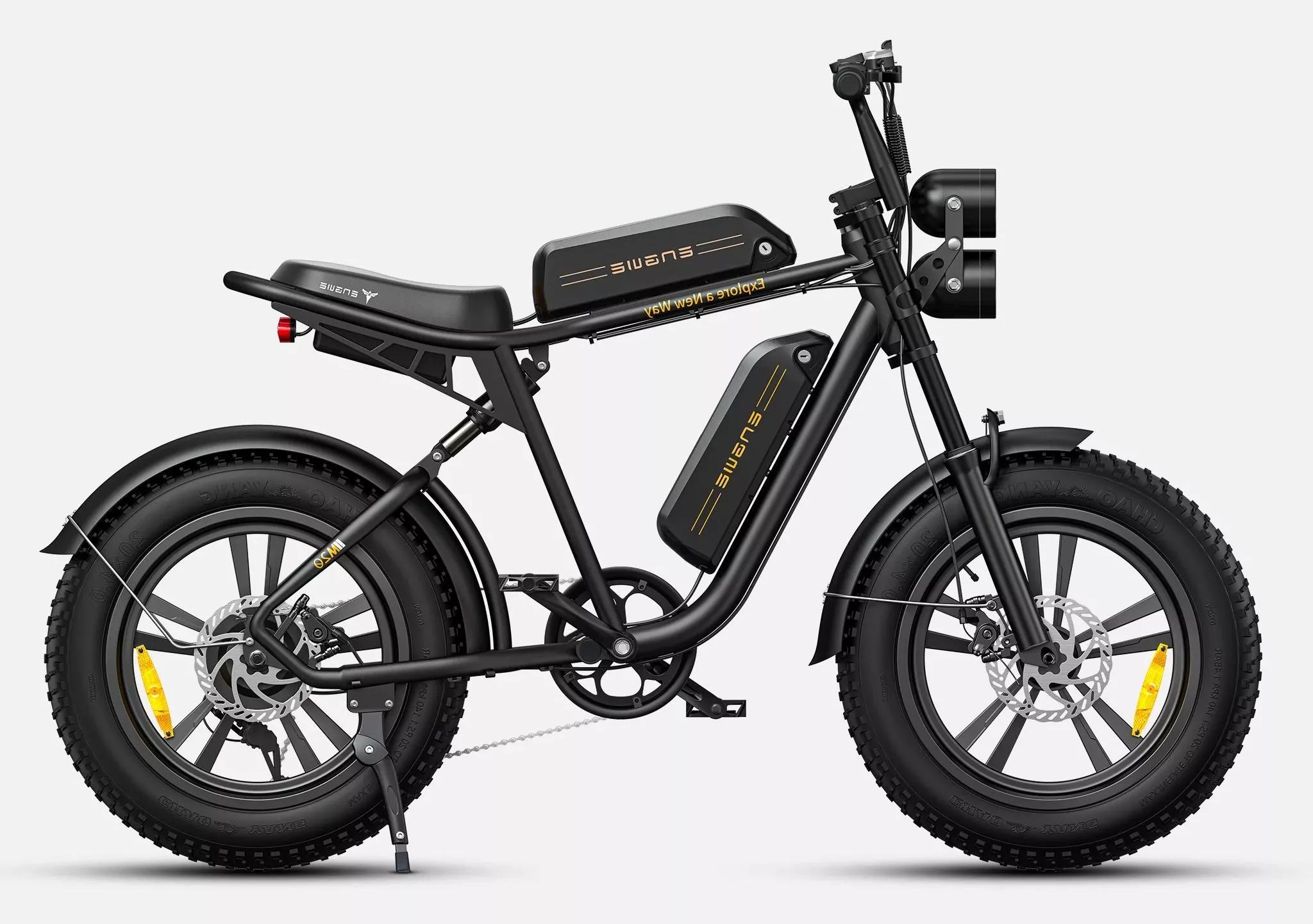 The black-framed M20 ebike sports a matching padded seat. All models feature full suspension
