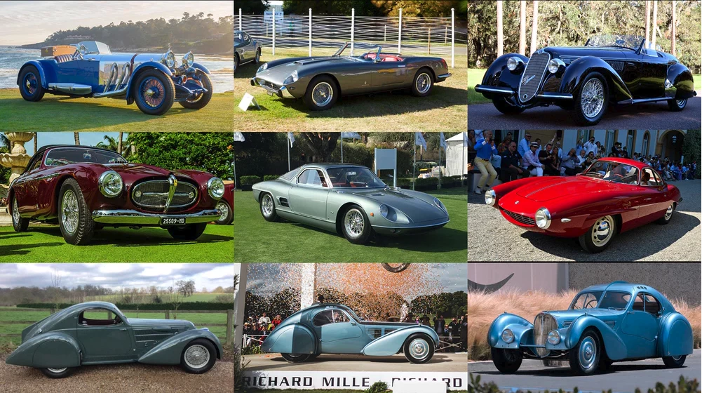 The Peninsula Classics Best of the Best Award finalists for 2017: The 1929 Mercedes-Benz S Roadster by Barker which won the 2017 Pebble Beach Concours d'Elegance, the 1957 Ferrari 250 GT Cabriolet which won the 2017 Goodwood Cartier Style et Luxe Concours d'Elegance, the 1939 Alfa Romeo 8C 2900B Spider by Touring which won the 2017 Amelia Island Concours de Sport, the 1951 Ferrari 212 Export Cabriolet by Vignale from the 2017 Gran Turismo Ferrari Cup at the Cavallino Classic, the 1964 ATS 2500 GTS Coupé from The Quail Motorsports Gathering in 2017, the 1957 Alfa Romeo Giulietta Sprint Speciale Prototipo from the 2017 Concorso d'Eleganza Villa d'Este, the winning 1933-35 Lancia Astura Aerodinamica Coupe by Castagna from the 2017 Concours of Elegance, UK, and the overall winning 1936 Bugatti Type 57 SC Coupé Atlanticfrom the Chantilly Arts & Elégance Richard Mille (pictured twice).
