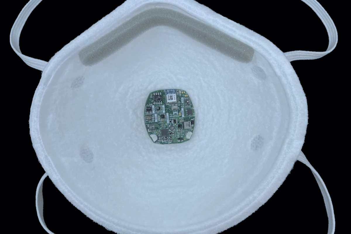 The FaceBit can be mounted on the inside of any type of face mask via a small magnet on the outside of the mask