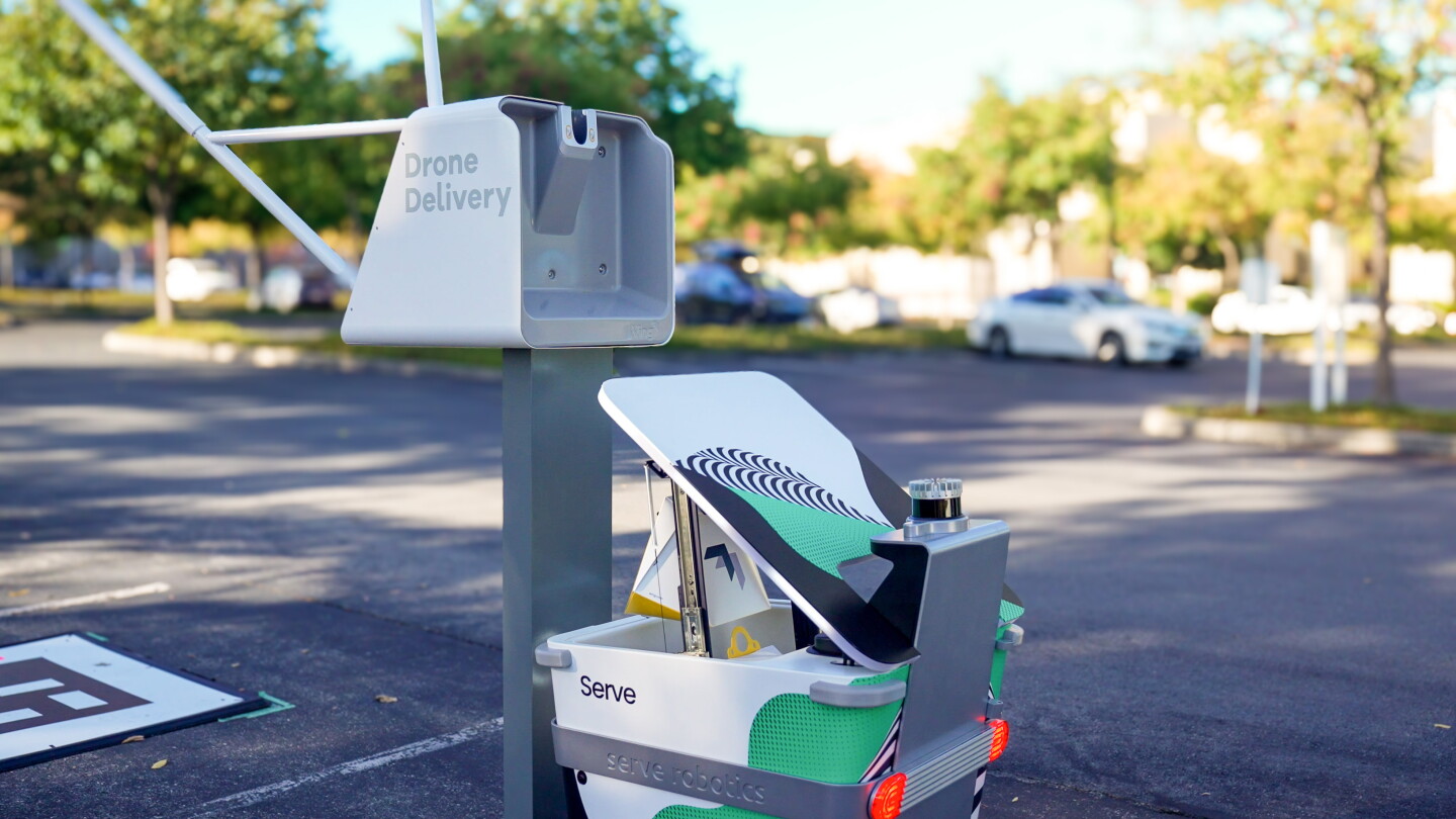 The Serve delivery robot lifts the package to the Autoloader, the the Wing drone collects it and delivers to a customer within a 6-mile radius