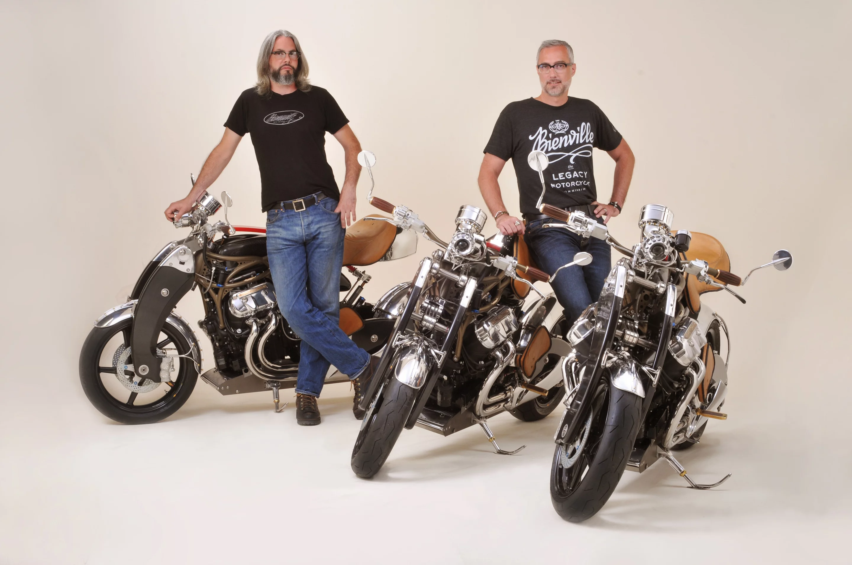 J.T. Nesbitt and Jim Jacoby with the three finished Bienville Legacy bikes