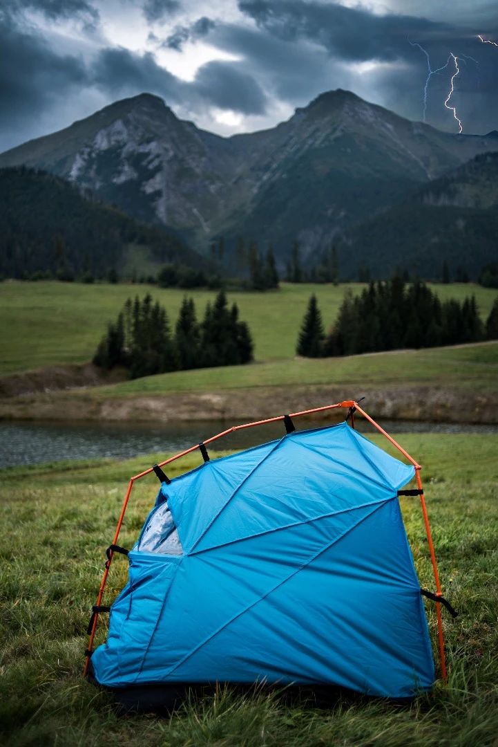 The Bolt tent protects its users from step voltage, too (when lightning current or discharge flows between the ground and the feet of a person)