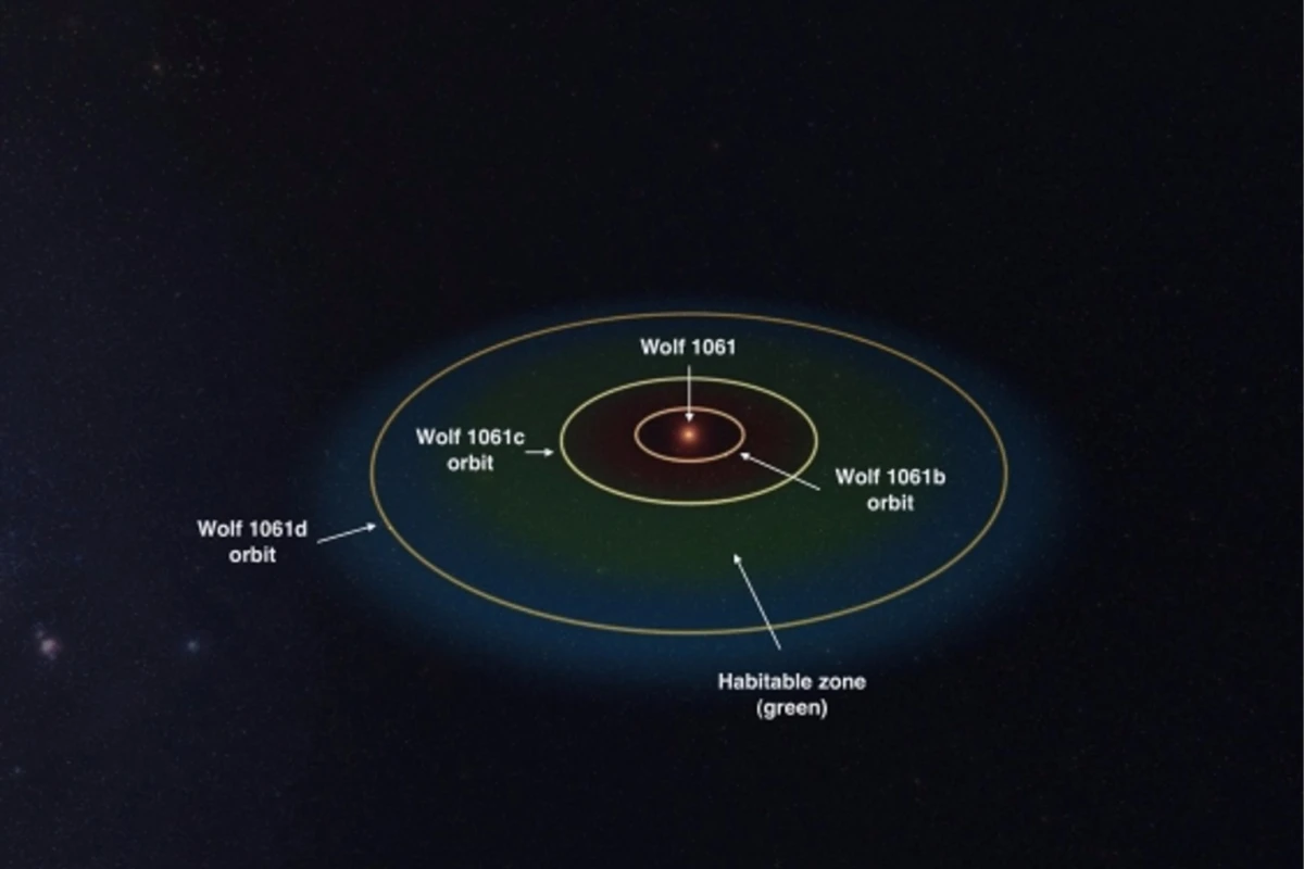 Wolf 1061 and its orbiting planets with the habitable region in green