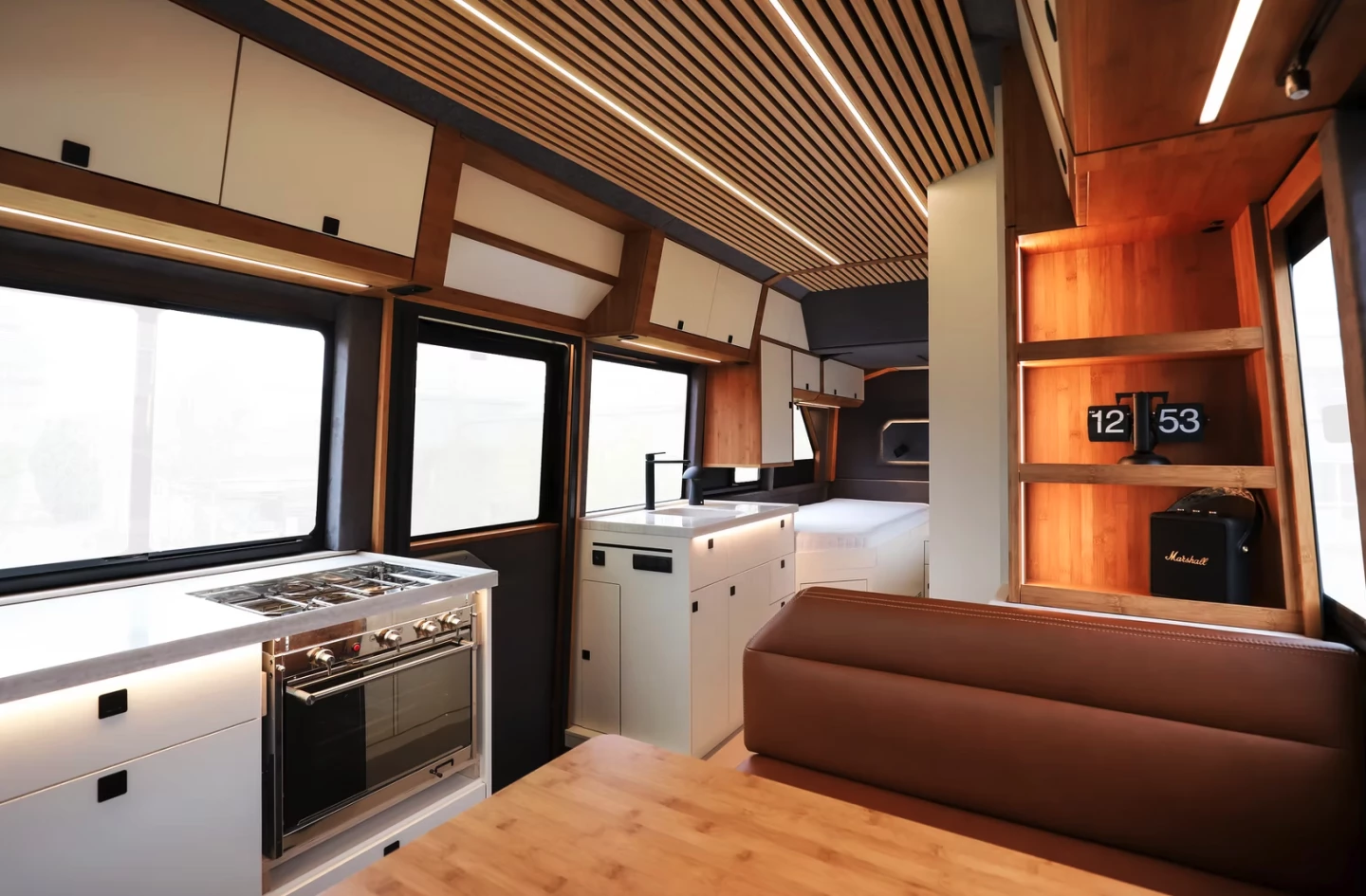 Looking across at the two-part kitchen design from the convertible dinette