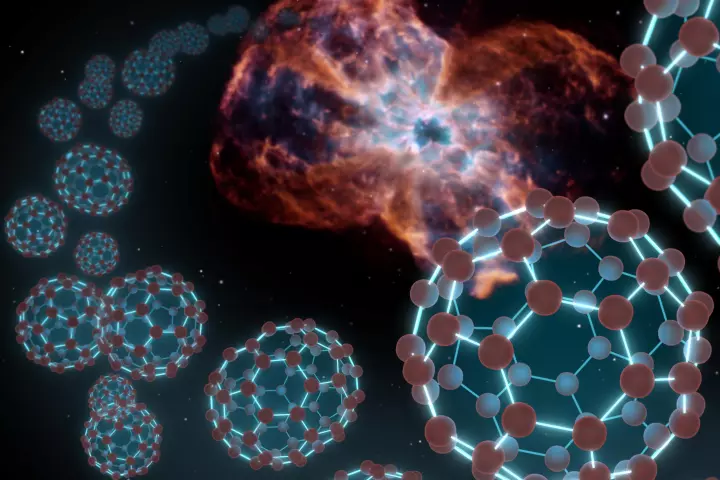 An artist's impression of "buckyballs" – complex carbon molecules – that have been found floating in space