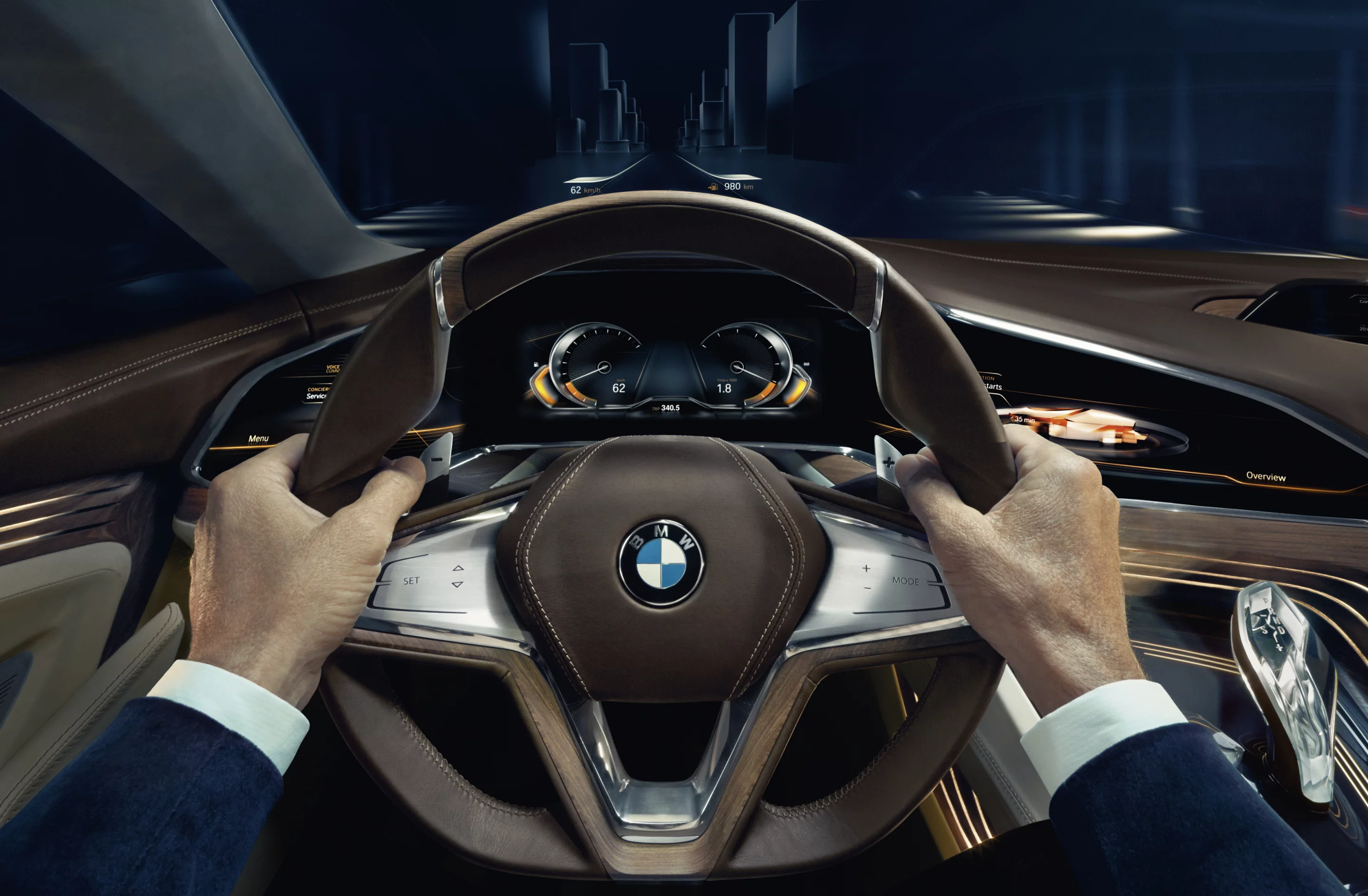 A head up display and three-screen digital display provide driver information