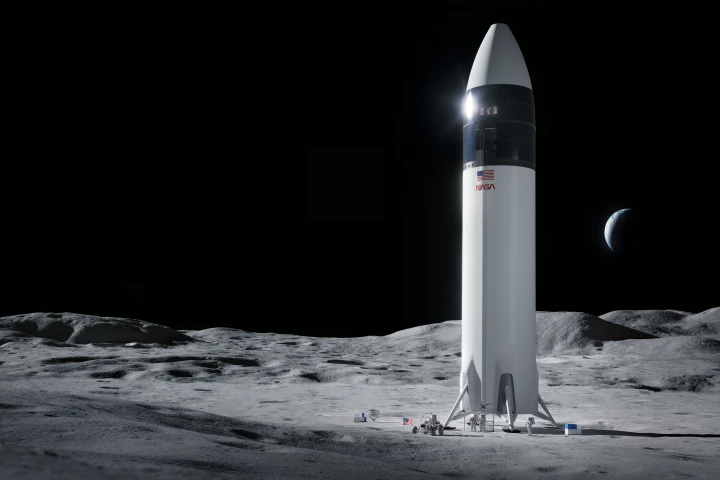 An artist's rendering of SpaceX's HLS Starship on the surface of the Moon