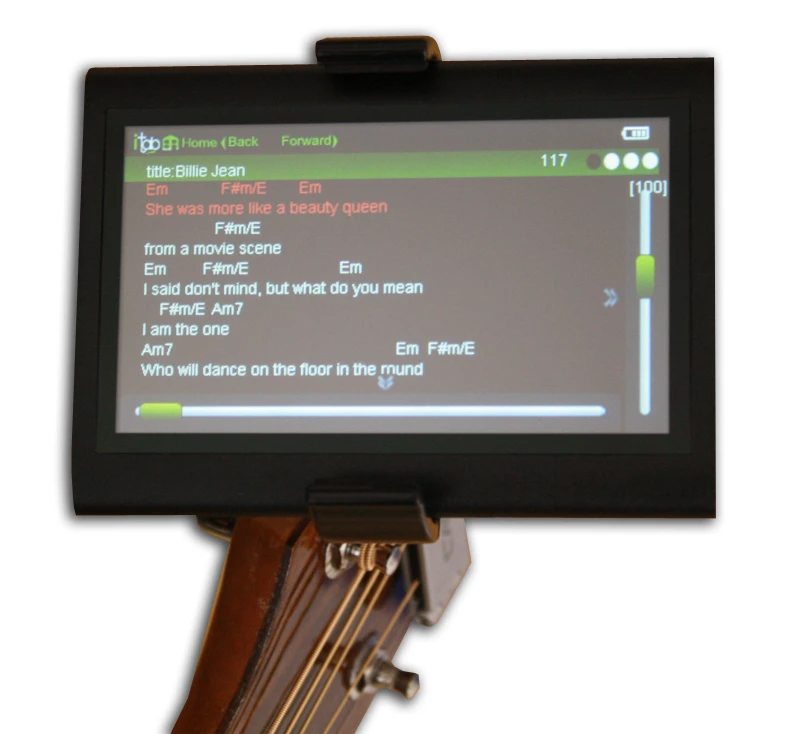 The i-Tab keeps time with each song as you play, showing chords and lyrics
