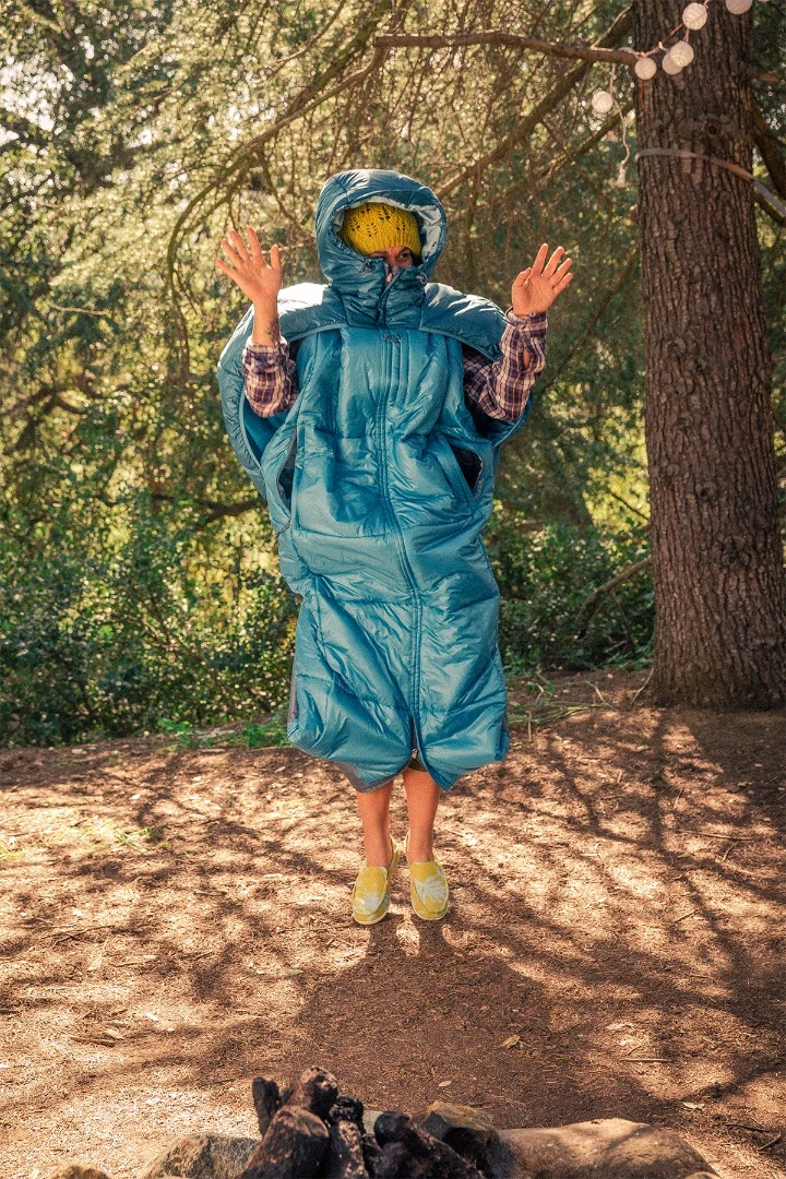 The Crash Sack has arm-holes and the bottom clips up so you can wear it as a puffy jacket and stay cosy wherever you go