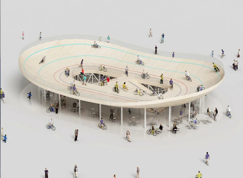Sitting on top of a bike rental shop and a cafe, if built it will be perfectly possible for people to hire a bicycle and ride it for a few hours without ever leaving the building