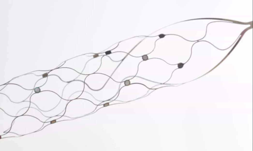 The Stentrode is effectively a self-expanding, catheter-insertable stent, with electrodes embedded in it and a cable coming out the end