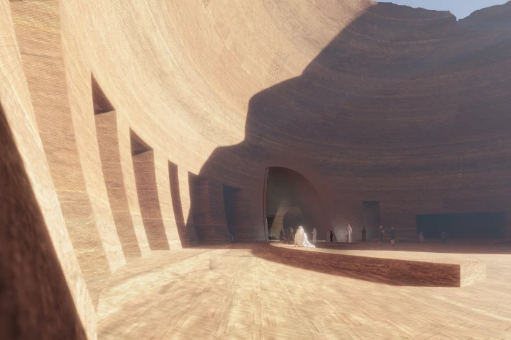 A large outdoor patio area leads into the Sharaan by Jean Nouvel resort's guest suites and villas