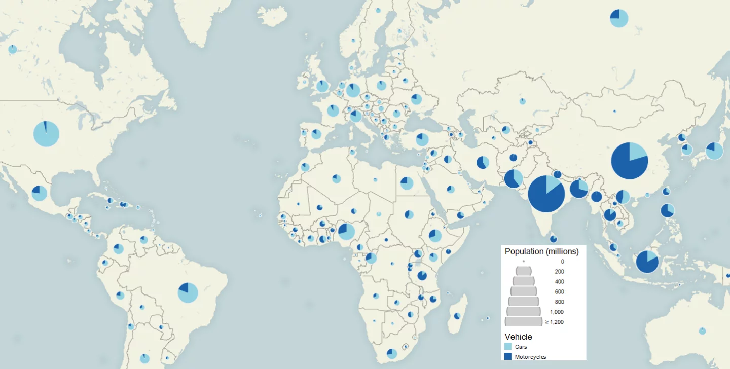 http://en.wikipedia.org/wiki/File:Map_Motorcycles_vs_cars_by_population_millions_2002.png
