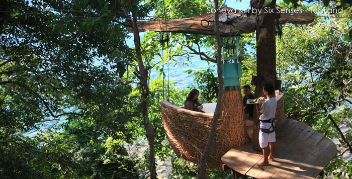 Set high among the tree tops, tree pod dining at the Six Senses’ Soneva Kiri is an innovative way to experience a meal