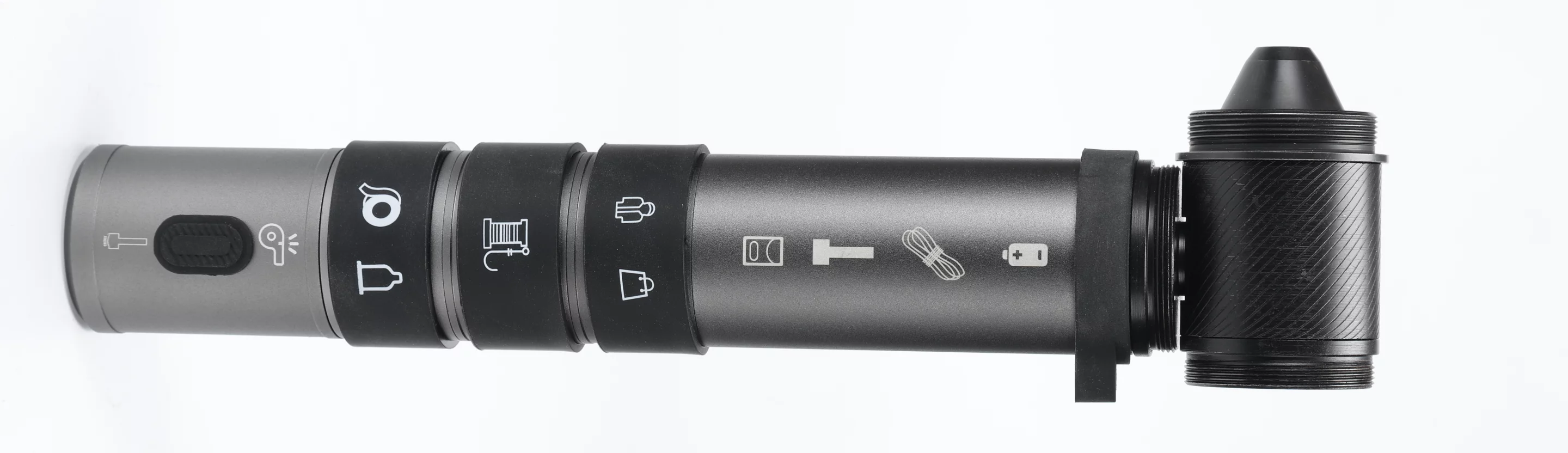 Both the hammer head and the flashlight can be mounted perpendicular to the rest of the Stick, allowing it to be used as a handle