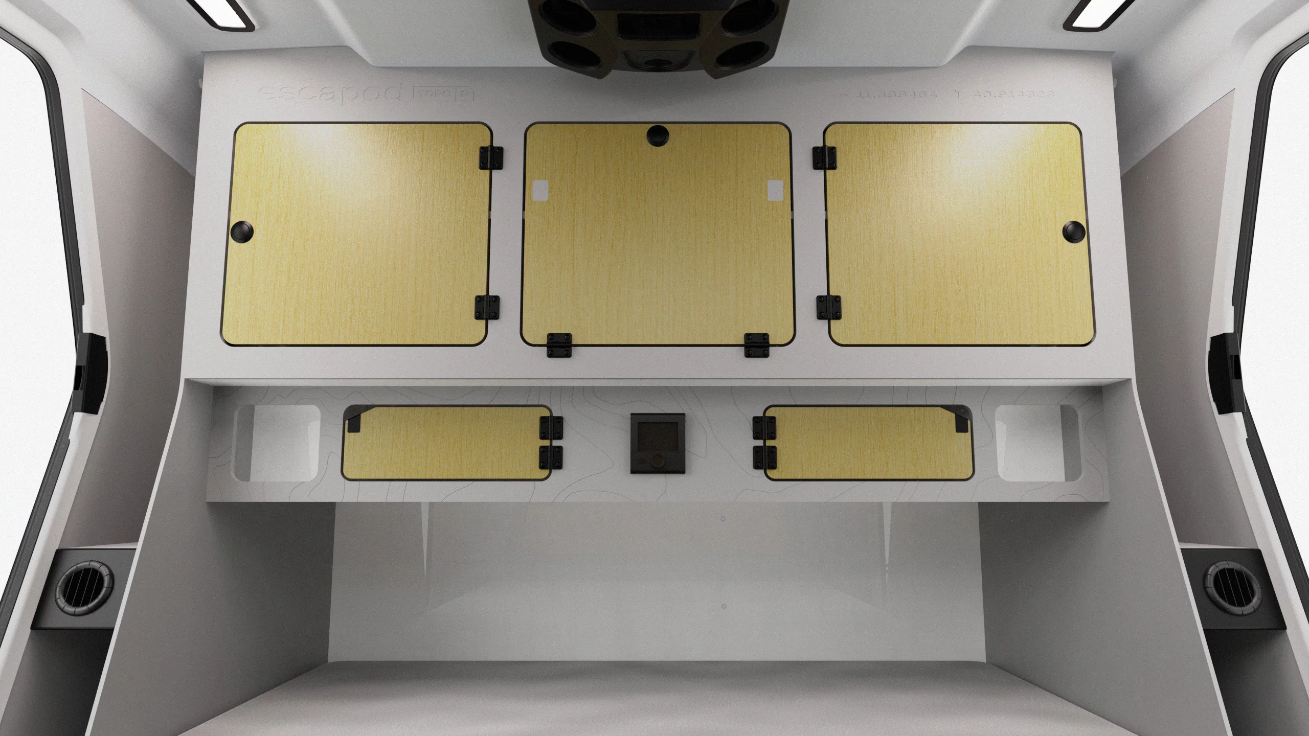 The spaces flanking the floating cabinet unit are the Escapod Topo2 mudrooms