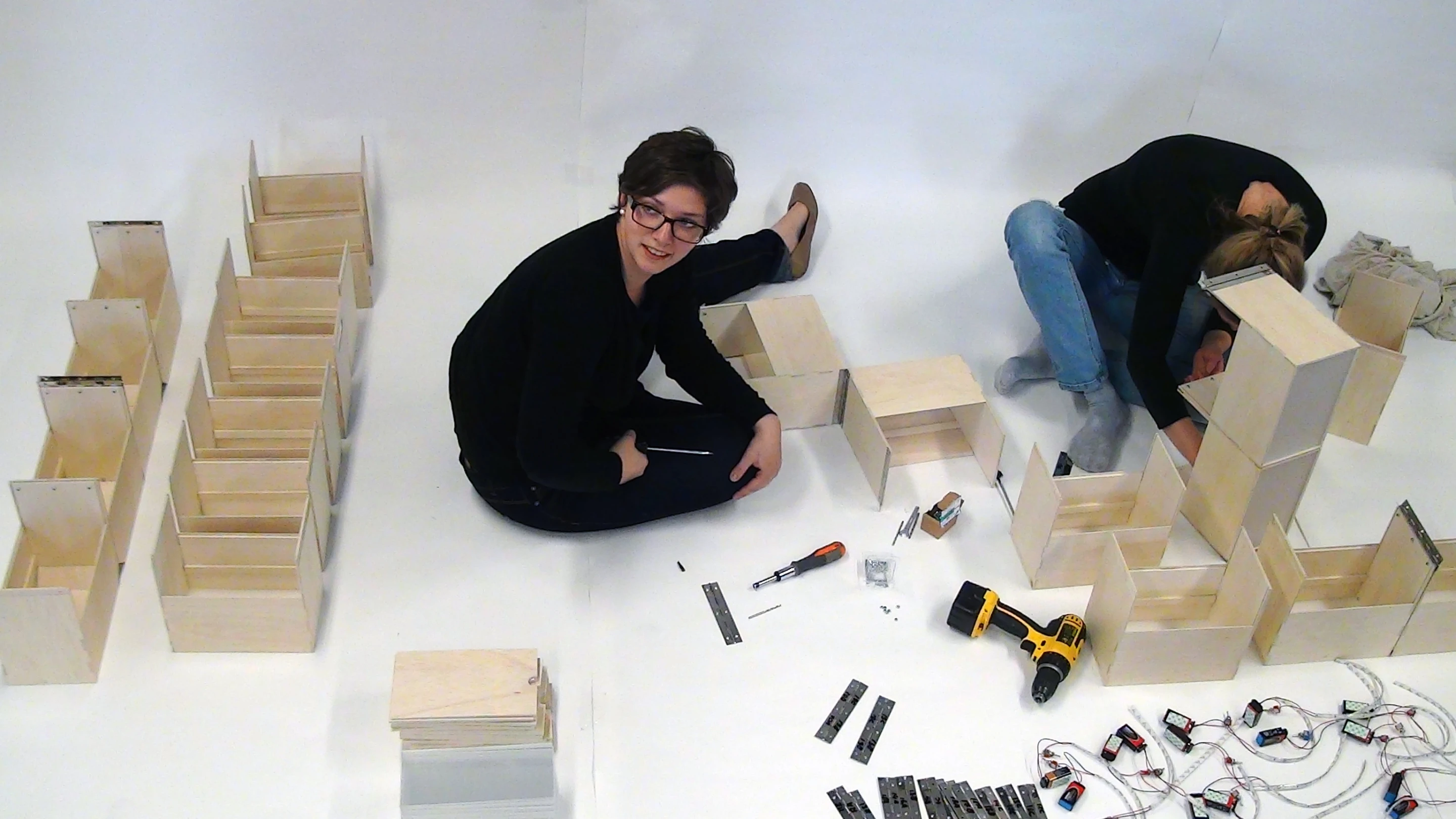 Making the interconnected cubicle units from pine plywood and the small Plexiglas terrarium