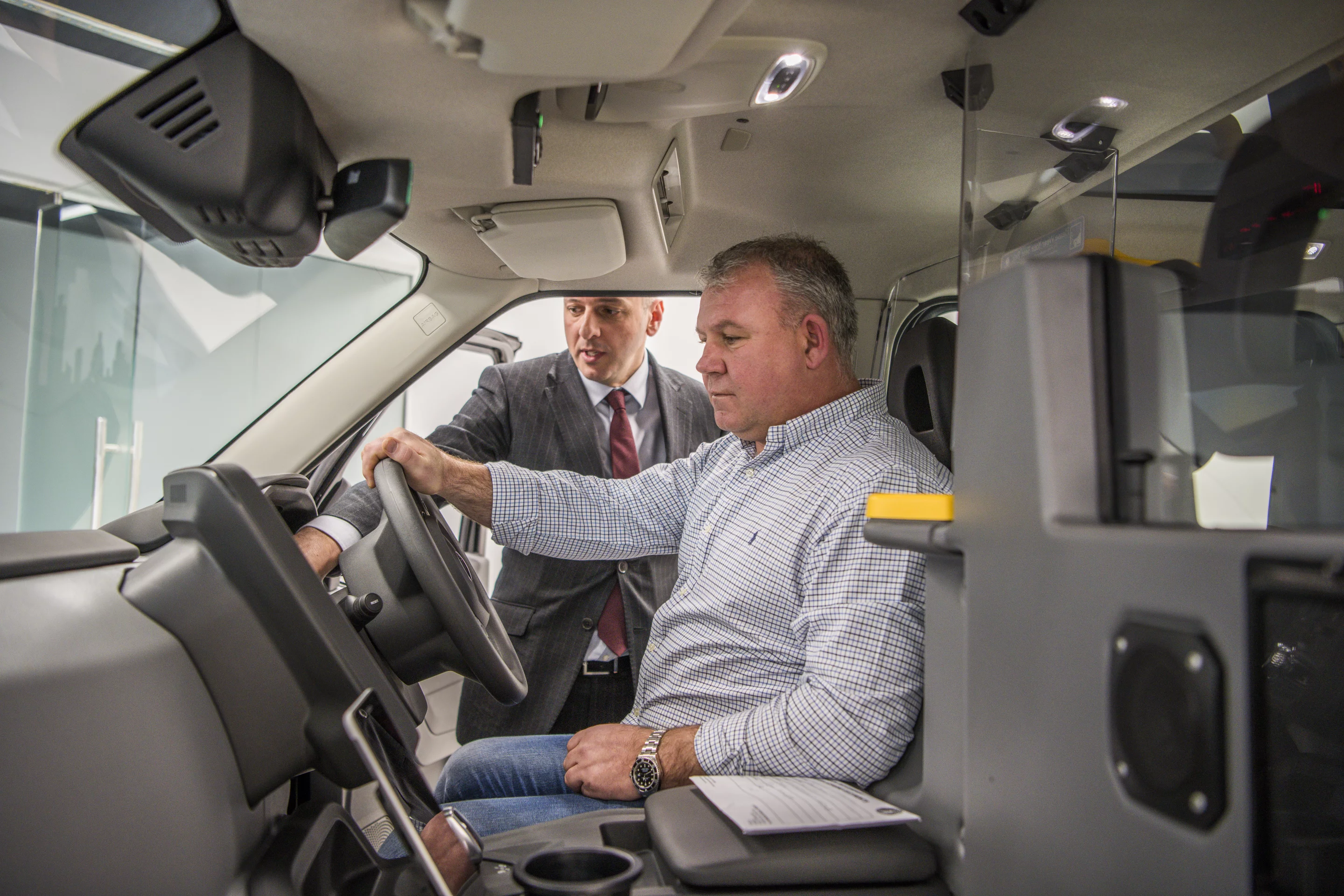 David Harris gets behind the wheel of his new TX electric taxi