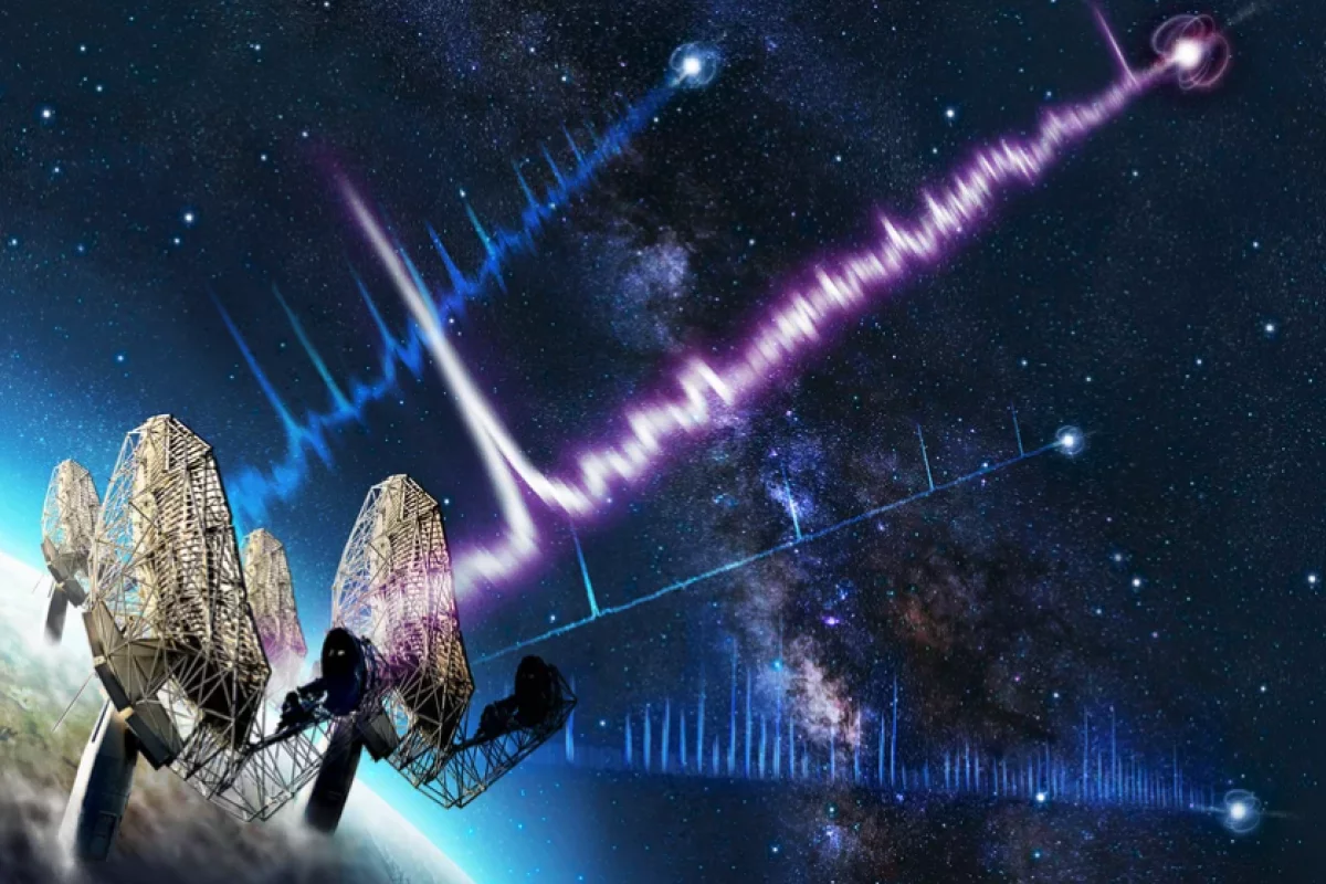 An artist's illustration of the newly discovered ultra-slow period neutron star (magenta), compared to the signals from more common pulsars (blue)